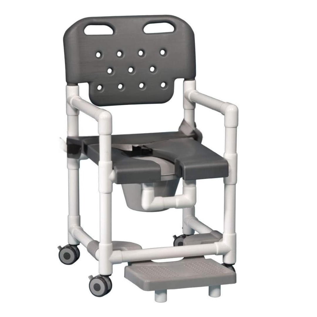 The IPU Elite PVC Rolling Shower Chair Commode w/ Footrests is a gray and white heavy-duty chair with armrests, a ventilated backrest, open-front seat, footrest, and four wheels for easy mobility.